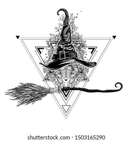 Halloween poster. All saints ' day card. Magic tattoo. Vector illustration. Composition with a witch's hat and a magic flying broom on the background of a triangle with elements of floral ornament. 