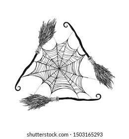 Halloween poster. All saints ' day card. Magic tattoo. Vector illustration. Composition with magic flying broom and cobwebs. Witchcraft rite, magic amulet or talisman.  A ritual symbol for the coven.