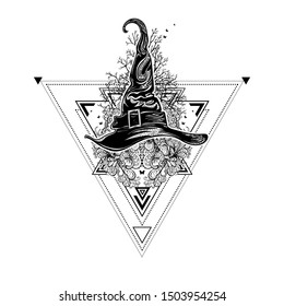 Halloween poster. All saints ' day card. Magic tattoo. Vector illustration. Composition with a witch's hat on the background of a triangle with elements of floral ornament. Magic symbol of witchcraft 