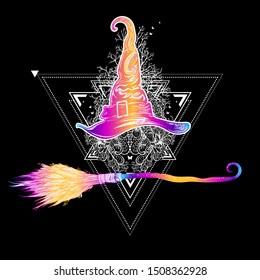 Halloween poster. All saints ' day card. Magic tattoo. Vector illustration. Composition with a witch's hat and a magic flying broom on the background of a triangle with elements of floral ornament. 