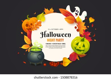 Halloween poster with autumn falling leaves, spooky carving pumpkin, funny ghost, witch cauldron and place for text. Halloween party invitation design. Greeting card concept for autumn holidays.