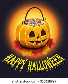 Halloween Poster with autumn leaves and pumpkin with candies. Vector illustration.