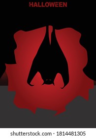 Halloween Poster Background With Black Bat Silhouette Hanging In A Cave Over Dark Red With Decorative Text; Halloween