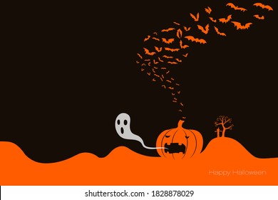 Halloween poster background, flock of bats flying out of pumpkin's head and spooky ghost fly out of pumpkin's mouth with dead tree and scarecrow in the back.