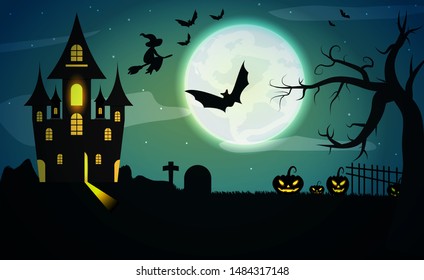 Halloween poster background. Foggy landscape with with bats, big moon, pumpkins, trees and dark castle. Vector illustrator template