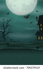 Halloween poster background. Foggy landscape of graveyard with old scary house, tree, bats, big moon.