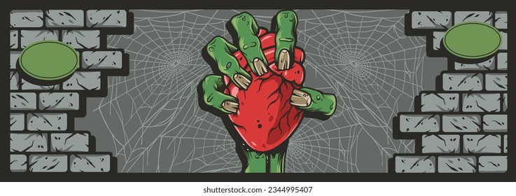 Halloween poster background with heart in zombie hand and brick wall. Halloween background for october autumn scary banner