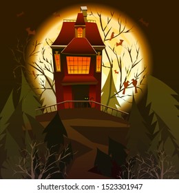 Halloween poster background. Landscape of old scary house, tree, bats, big moon.