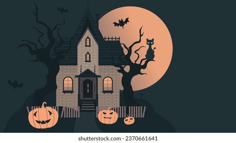 Halloween Poster. Background with pumpkin, home, cat, bat, cross, moon