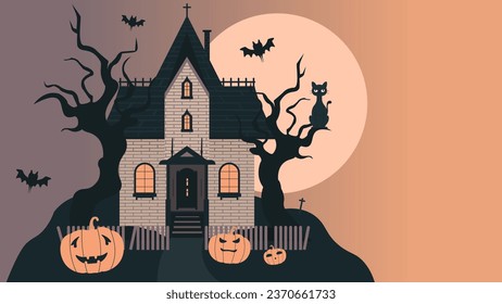 Halloween Poster. Background with pumpkin, home, cat, bat, cross, moon