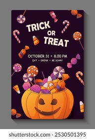 Fondo de cartel de Halloween con Ilustración vectorial de Jack o canasta de calabaza de linterna con dulces, dulces de Halloween. Plantilla de invitación, diseño de póster, tarjeta de felicitación y decoración de volante.