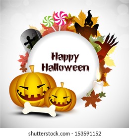 Halloween poster, banner or background with Halloween ornaments. 