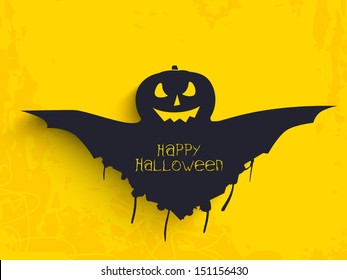 Halloween poster, banner or background with scary pumpkin and bats wings on grungy yellow background. 