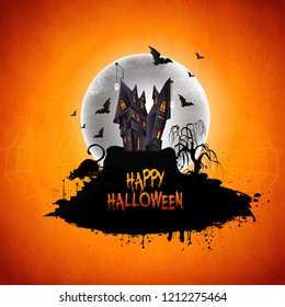 Halloween poster or banner design Halloween pumpkins and dark castle with Moon dark background,