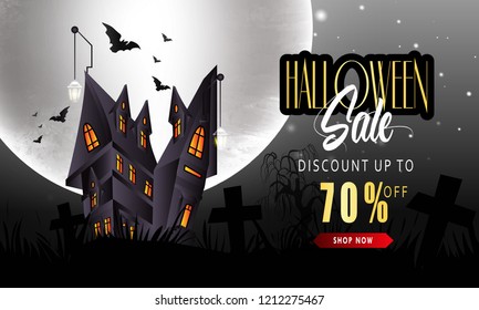 Halloween poster or banner design Halloween pumpkins and dark castle with Moon dark background,