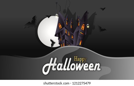 Halloween poster or banner design Halloween pumpkins and dark castle with Moon dark background,