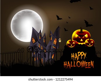 Halloween poster or banner design Halloween pumpkins and dark castle with Moon dark background,