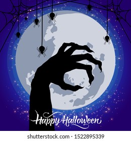 Halloween poster, banner or flyer design. Hand from the grave background