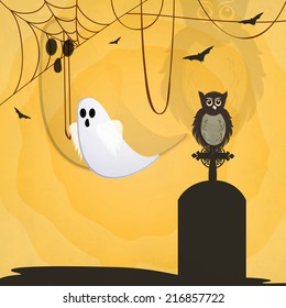 Halloween poster, banner or flyer design with traditional ghost, scary owl sitting on grave stone on spider web yellow background. 