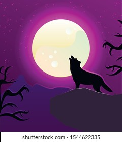 Halloween poster or banner or flyer with the lonely wolf, the full moon in the sky and branches of trees in the purple shades. Flat illustration.