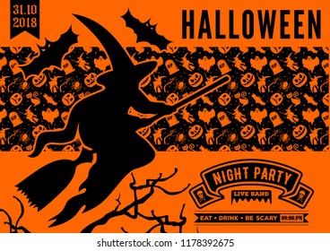 Halloween poster, banner or greeting card with scary flying witch. Vector illustration.