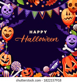 Halloween poster, banner, party invitation design template. Holiday frame with horror decoration. Balloons with grinning faces, pumpkin lanterns, bats, candies and flag garland. Vector illustration
