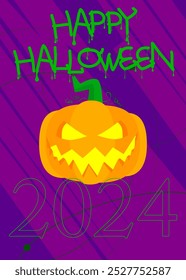 Cartaz de Halloween. Modelo de banner para o evento de feriado de outubro de 2024. Design com Jack O' Lantern abóbora. Postagem de mídia social para convite.