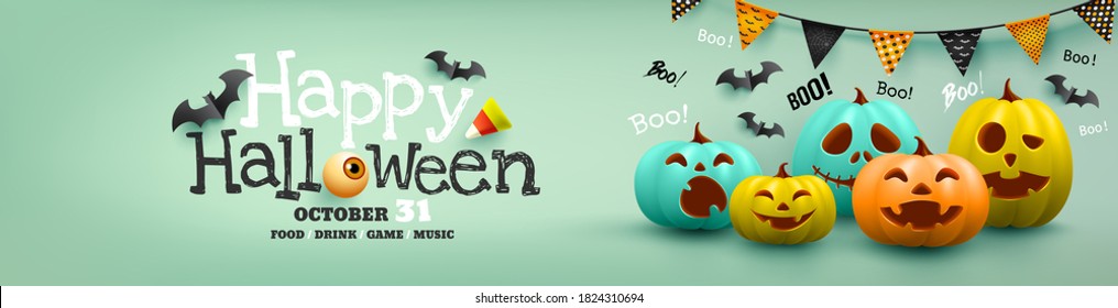 Halloween poster and banner template with colorful halloween pumpkin and bat.Website spooky,Background or banner Halloween template.Vector illustration eps10
