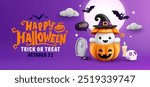 Halloween poster or banner template with a cute ghost inside a Pumpkin Jack-O