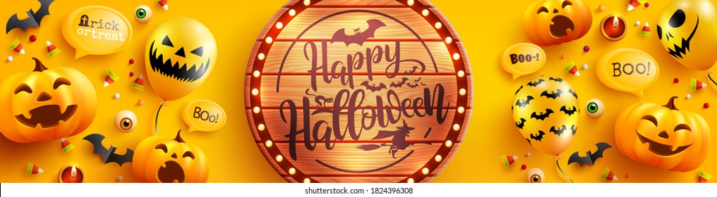 Halloween poster and banner template with cute halloween pumpkin and ghost balloons on yellow background. Website spooky,Background or banner Halloween template.Vector illustration eps 10