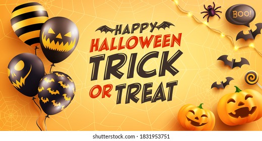 Halloween poster and banner template with cute halloween pumpkin,bat,spider and candy on yellow background. Website spooky,Background or banner Halloween template.Vector illustration.