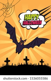 halloween poster with bat flying in cemetery style pop art vector illustration design