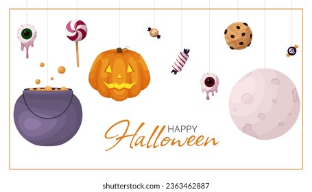 Halloween-Poster mit Fledermaus, Mond, Süßigkeiten, Kekse, Kessel, Kürbis