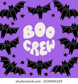 Halloween poster with bats and lettering boo crew. Vector flat illustration and quote in retro groovy style. Holiday autumn cpooky greeting card