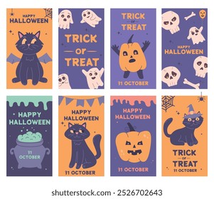 Halloween poster big set. Halloween greeting card design.Set for postcard, flyer, banner.Characters in the form of pumpkin, ghost,black cat a witch cauldron with a potion.Vector illustration. 