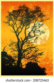 Halloween poster with big tree, full moon and ominous heavens. vector illustration. 