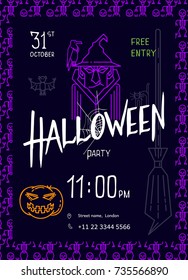 
 Halloween poster. Black background with pumpkin, lettering, witch, text and halloween icons.  Vector illustration  with flat style for halloween party.