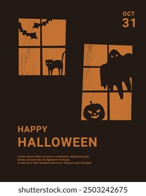 Cartel de Halloween en fondo negro con ventanas, fantasma y calabaza.