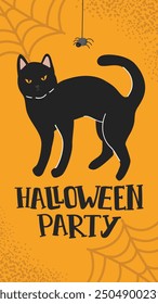 Halloween poster with a black cat, spider, and spiderweb on an orange background. Text Halloween Party in bold black letters. For social media stories, posters, prints, and Halloween event promotions.