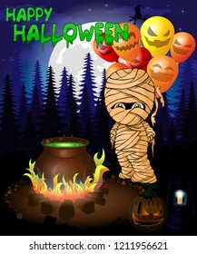 Halloween poster with bowler and mummy with balloons in forest. Vector illustration.