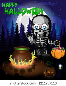 Halloween poster with  boy in a suit skeleton in forest. Vector illustration.