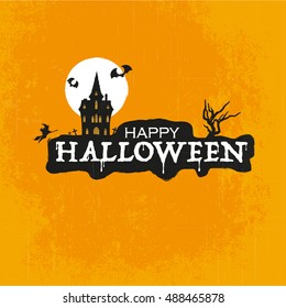 Halloween poster / card / background with castle, witch, bats and moon