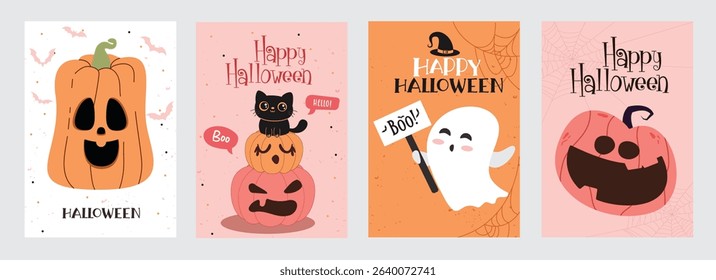 Halloween poster card clipart set. Happy Halloween trick or treat flyers clip art with cute pumpkins, ghost and cat characters for spooky banners and template collection vector illustration.  
