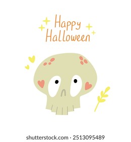 Halloween poster or card with a cute scalp. Hand drawn calligraphy and cute halloween elements. Vector 