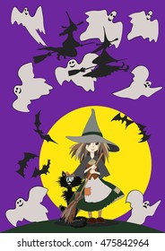 Halloween poster / card. Little witch and her black cat. Witches silhouettes and ghosts on the moon background. Vector cartoon illustration.