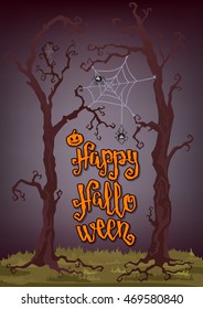 Halloween poster or card. Vector Illustration with handwritten brush lettering. Party invitation with Pumpkin, Spider Web and trees.