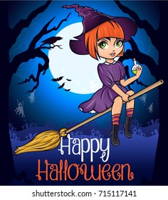 Halloween poster card vector illustration. Cute pinup little witch on broom with bottle of poison on dark background with fool moon cemetery and ghosts.