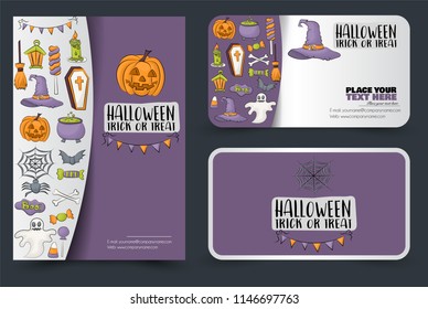 Halloween poster and cards. Design for a party invitation flyer and banner.  Gift card template.