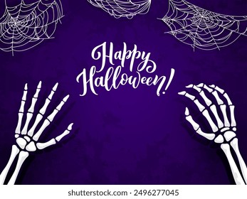 Halloween poster with cartoon skeleton hands and cobweb. Autumn horror party or Halloween holiday party vector background or banner. Fall season creepy event backdrop with skeleton palms, spider web