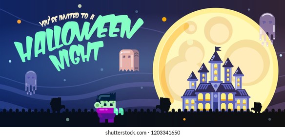 Halloween poster with castle, ghosts, full moon and zombies. Invitation template for Halloween party. Flat vector illustration.